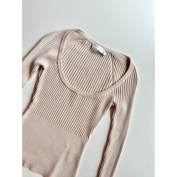 JONATHAN SIMKHAI Jayline Beige Ribbed Knit Deep Scoop Neck Sweater, Size XS - Picture 4 of 11